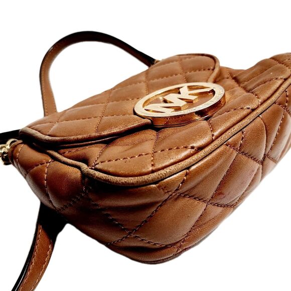 Michael Kors MK Small Chain Fulton Quilted Brown Leather Crossbody Bag Purse - Picture 5 of 12